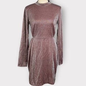 Lush Bodycon Dress Women's Large Mauve Sparkle Back Cutout Mock
Neck Long Sleeve